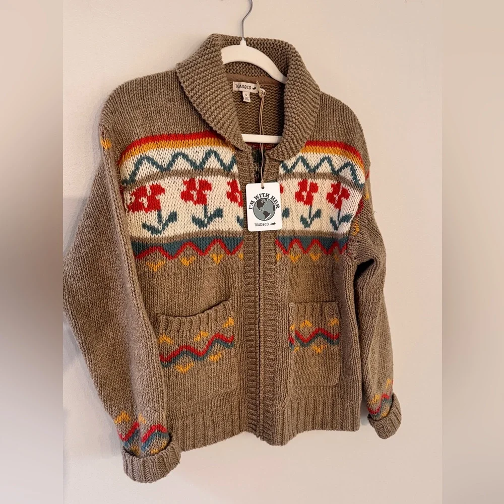 Toad&Co Brown Fair Isle Zip-Front Wool Sweater Jacket with Red & Teal Accents - Picture 1 of 6